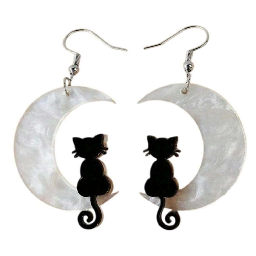 Black Cat on Crescent Moon Earrings - Halloween